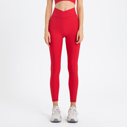 High Waist Hip Lift With Pocket Sports Yoga Pants Belly Contracting Running Quick-drying Tight Cross Waist Head Workout Bottoms