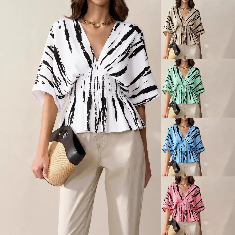 Womens Casual V-Neck Three-Quarter Sleeve Pullover With Digital Print T-Shirt