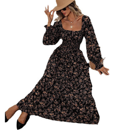 Womens Autumn Floral Square-Neck Long-Sleeve Dress