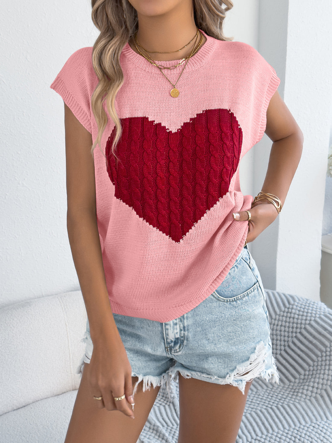 Women S Color Block Heart Loose Knit Valentine S Sweater Top