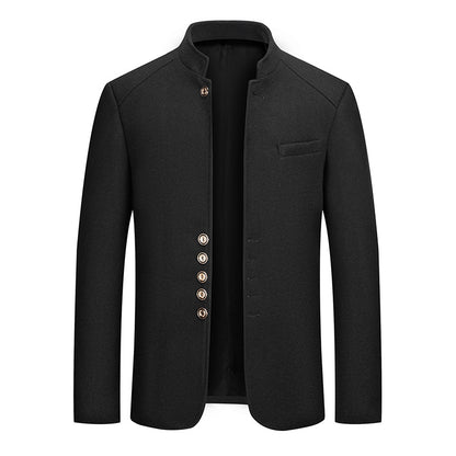 Mens Wool Tweed Zhongshan Suit With A Mandarin Collar For A Refined Tailored Look