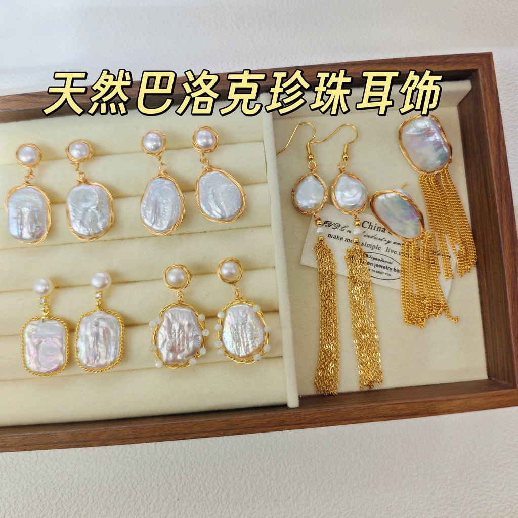 Natural Freshwater Baroque Pearl 18k Gold-Plated Wrapped Wire Statement Earrings