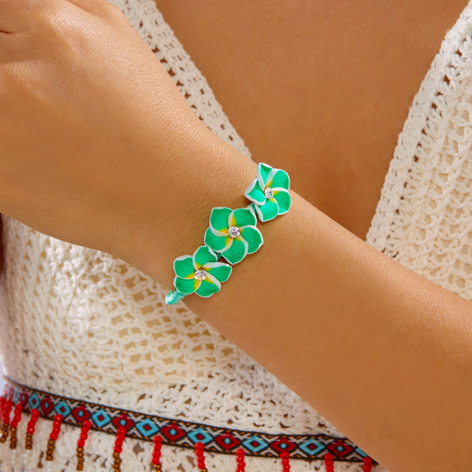 Colorful Polymer Clay Cute Frangipani Seed Bead Bracelet