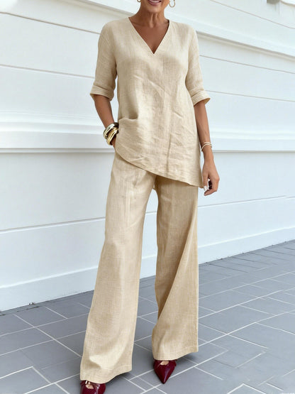 Casual Cotton-Linen Solid-Color Mid-Sleeve V-Neck Top And Straight-Cut Casual Pants Set
