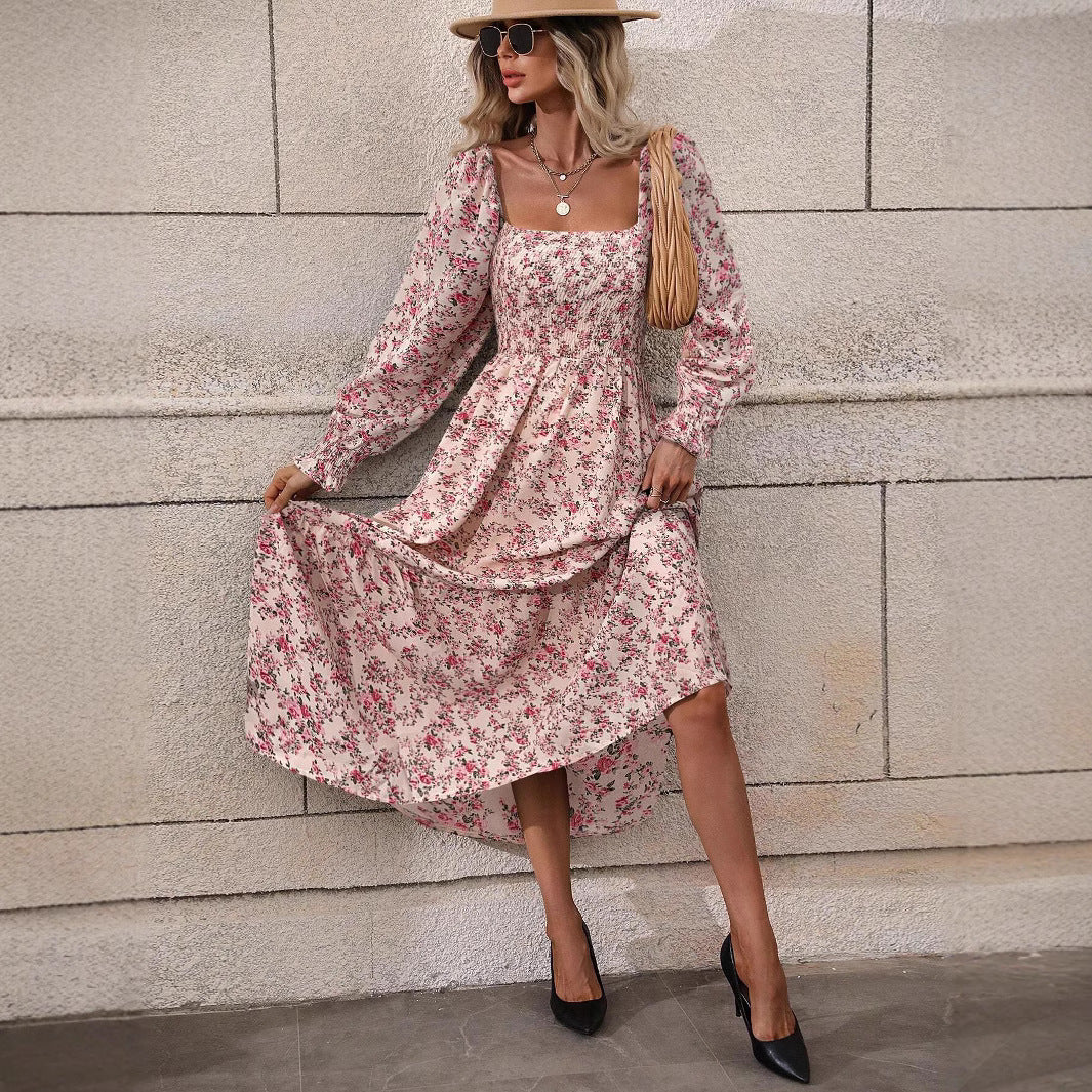 Womens Autumn Floral Square-Neck Long-Sleeve Dress