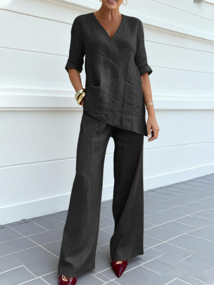 Casual Cotton-Linen Solid-Color Mid-Sleeve V-Neck Top And Straight-Cut Casual Pants Set