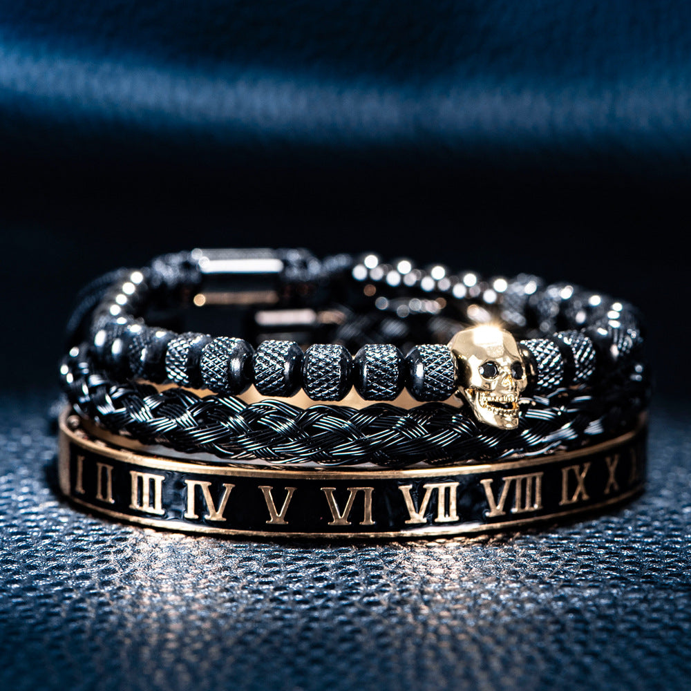 Cross-Section Ghost Head Braided Bracelet Set In Stainless Steel
